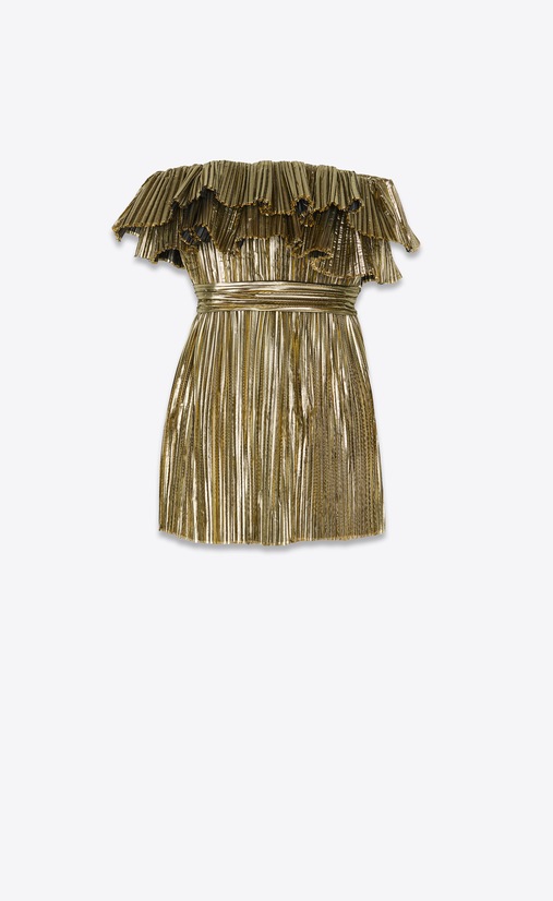 SAINT LAURENT Kleider Damen Kleid mit plissiertem Bustier aus goldfarbenem Lamé a_V4